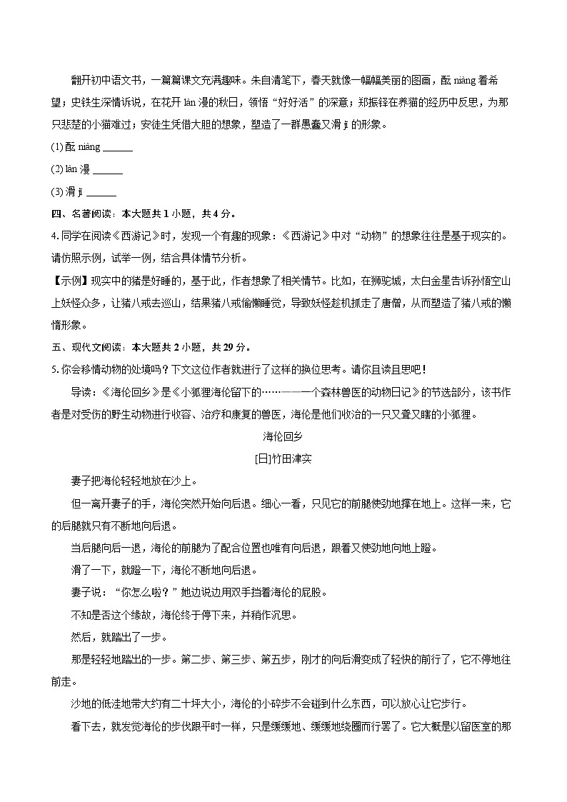 2024-2025学年浙江省宁波市鄞州区七年级（上）期末语文试卷（含详细答案解析）第3页