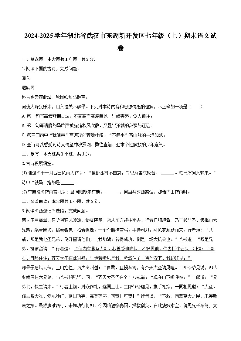 2024-2025学年湖北省武汉市东湖新开发区七年级（上）期末语文试卷(含详细答案解析)第1页