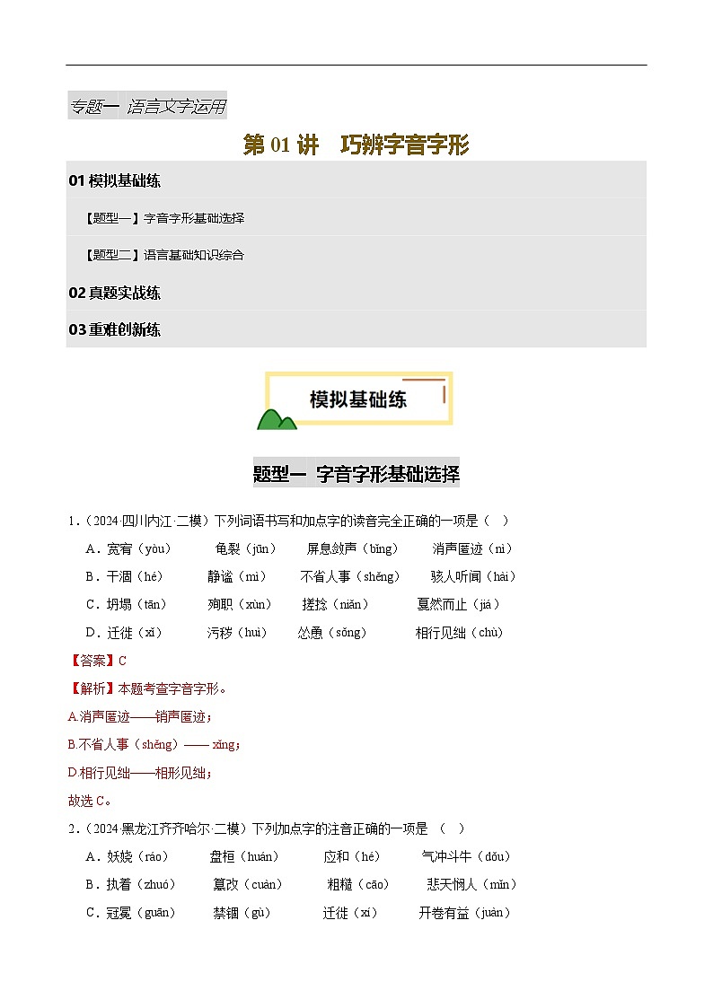第01讲 巧辨字音字形（练习）（解析版）第1页