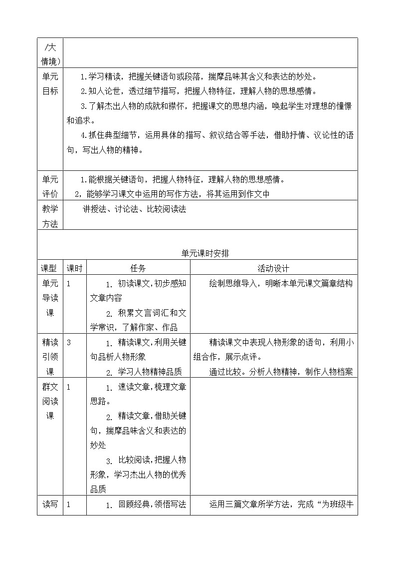 七年级下册语文 第一单元大单元教学设计  2024-2025学年统编版语文第3页