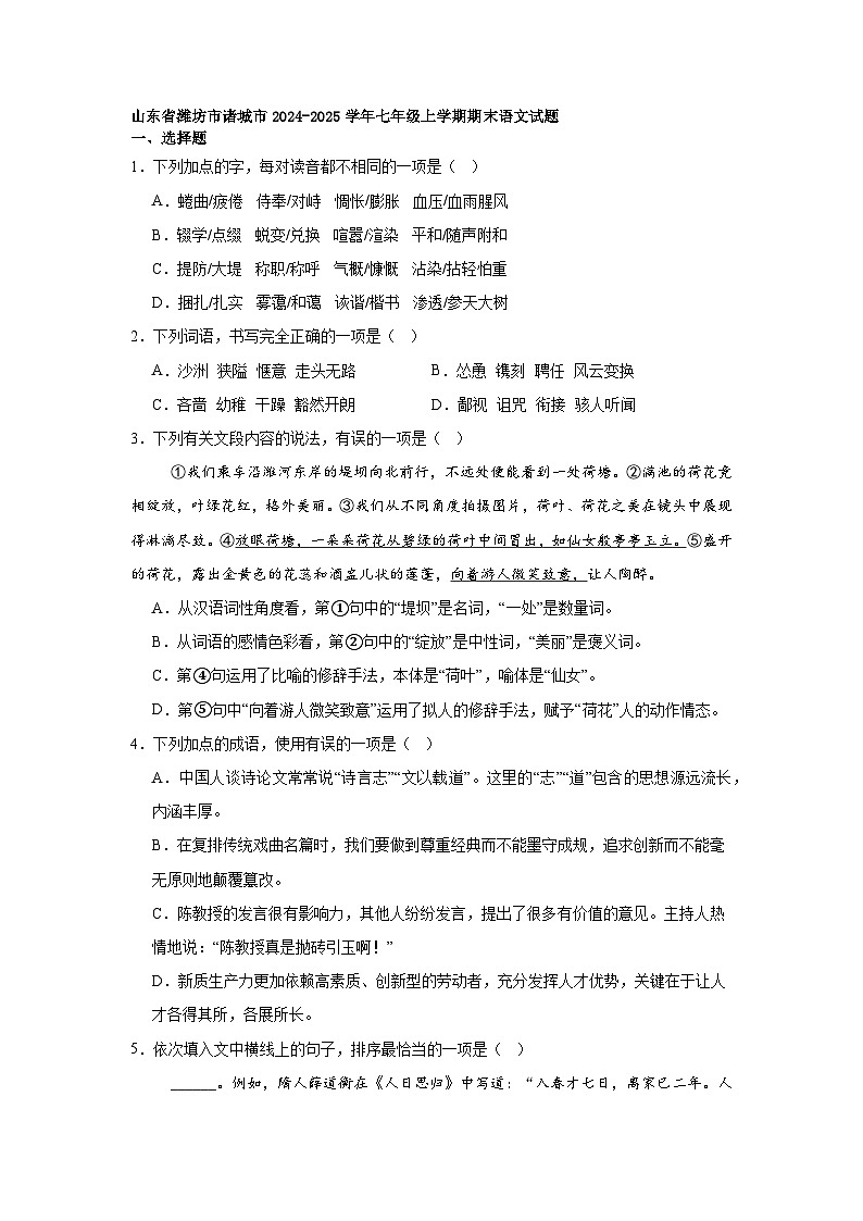 山东省潍坊市诸城市2024-2025学年七年级上学期期末语文试题第1页