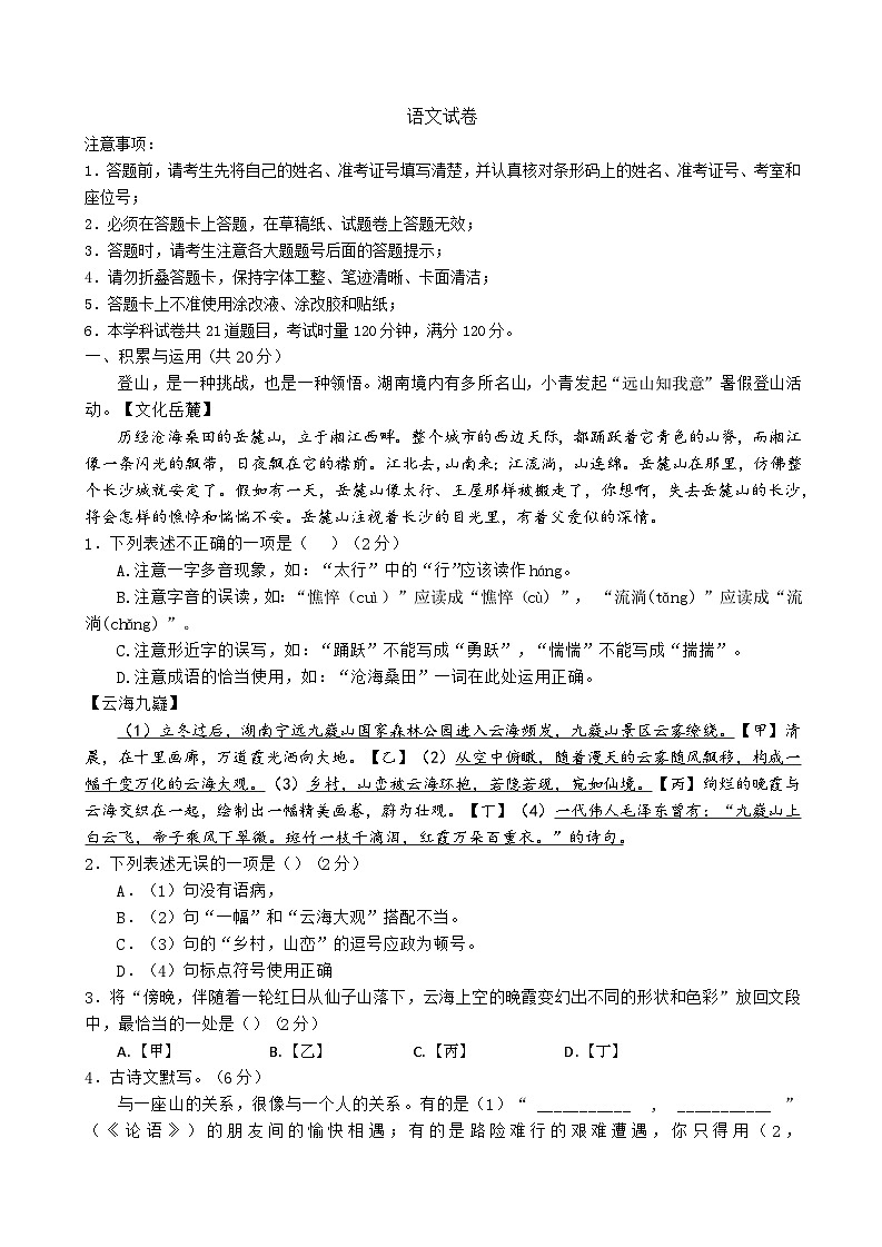 湖南长沙市青竹湘一外国语学校2024年中考三模 语文试题（含解析）第1页