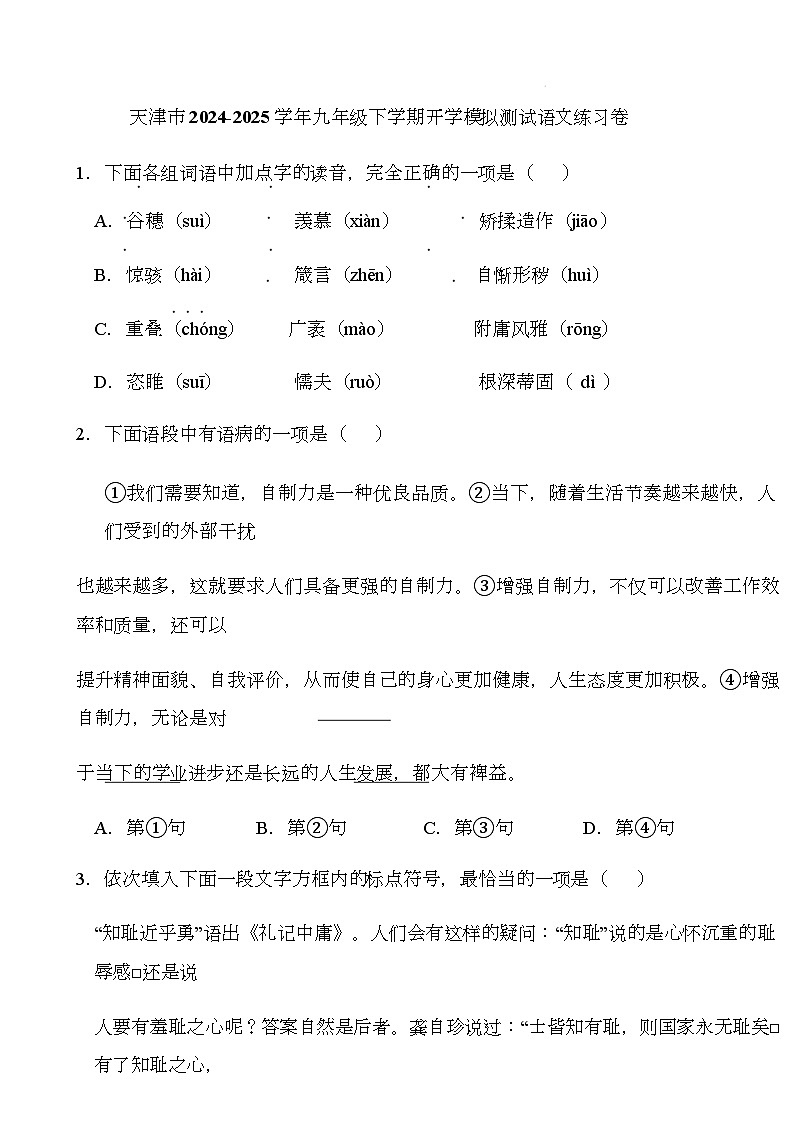 天津市2024-2025学年九年级下学期开学适应性模拟测试 语文练习卷（含解析）第1页
