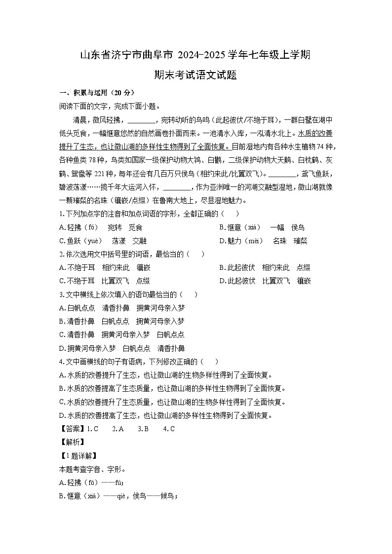 2024-2025学年山东省济宁市曲阜市七年级上学期期末语文试卷（解析版）第1页
