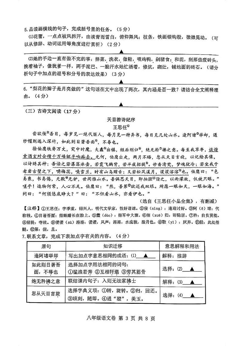 浙江省绍兴市越城区元培中学2024-2025学年八年级上学期期末考试语文试题第3页