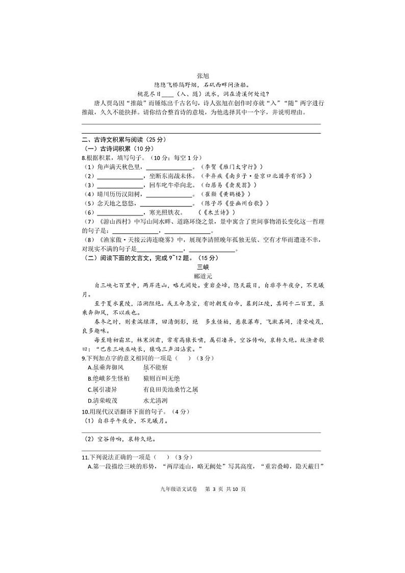 2023～2024学年重庆市西南大学附属中学校九年级下开学考试语文试卷(含答案)第3页