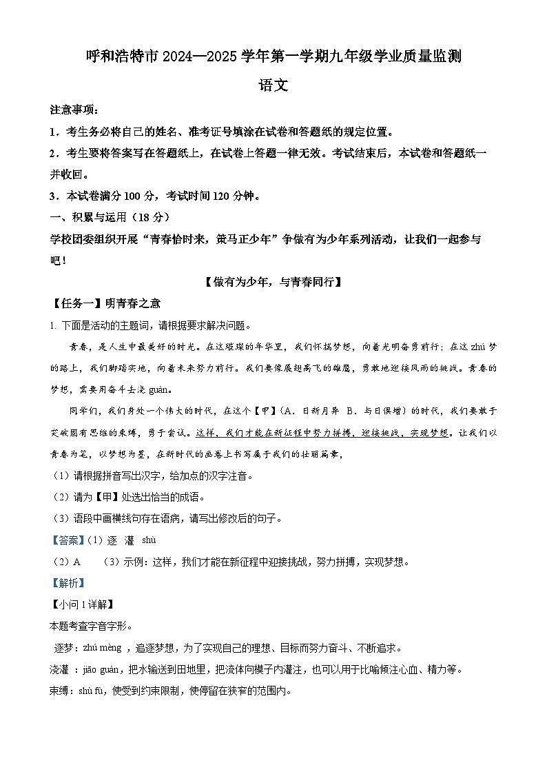 内蒙古呼和浩特市2024-2025学年九年级上学期期末语文试题（解析版）第1页