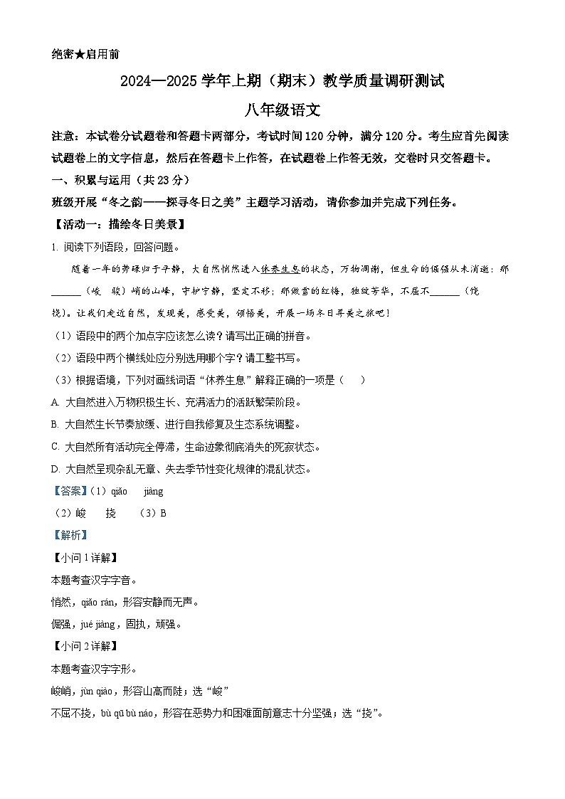 河南省鹤壁市2024-2025学年八年级上学期期末语文试题（解析版）第1页