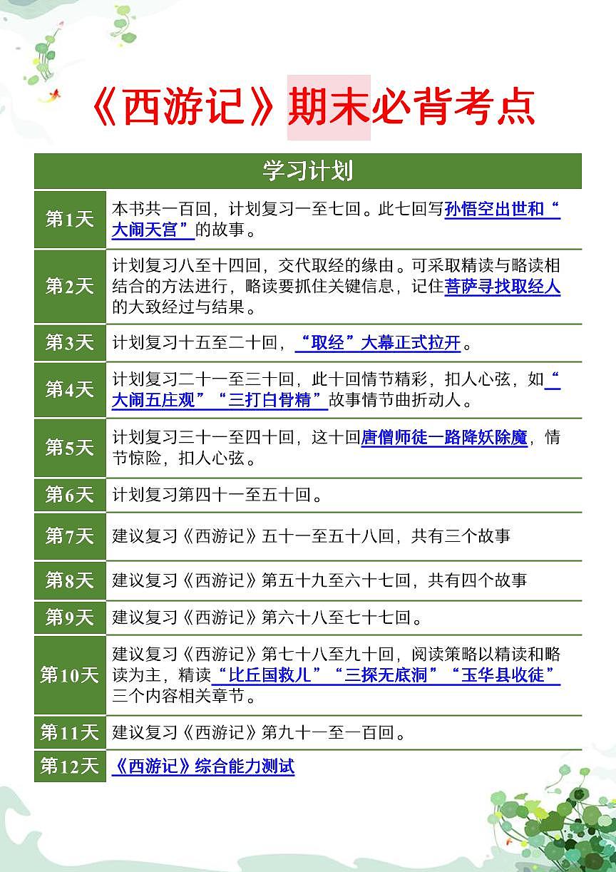 七年级上册语文名著阅读日计划《西游记》练习第1页