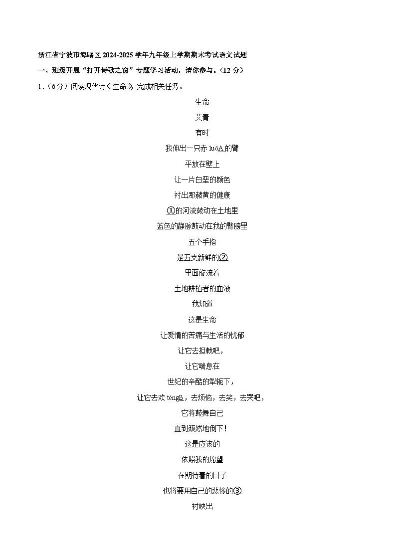 浙江省宁波市海曙区2024-2025学年九年级上学期期末考试语文试题第1页