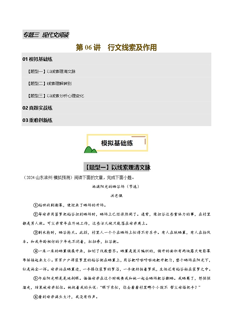 2025年中考语文一轮复习现代文阅读 第06讲 行文线索及作用（练习）（原卷版）第1页