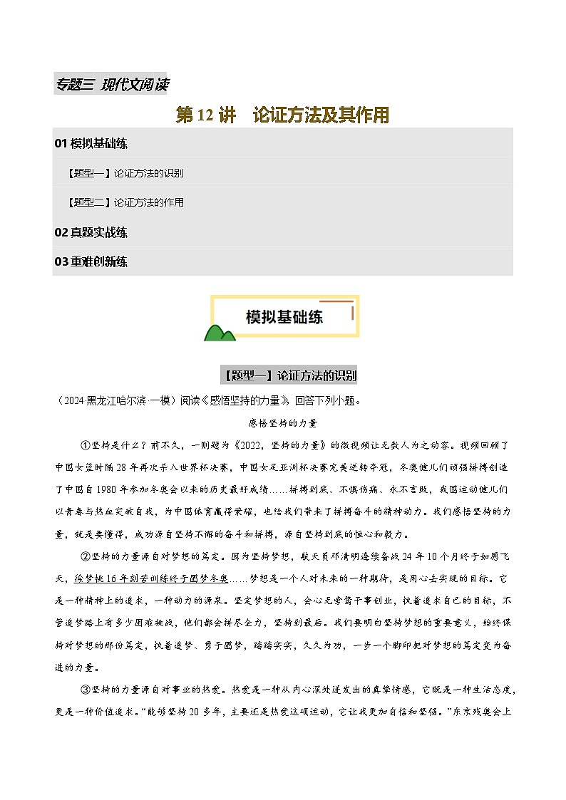 2025年中考语文一轮复习现代文阅读 第12讲 论证方法及其作用（练习）（原卷版）第1页