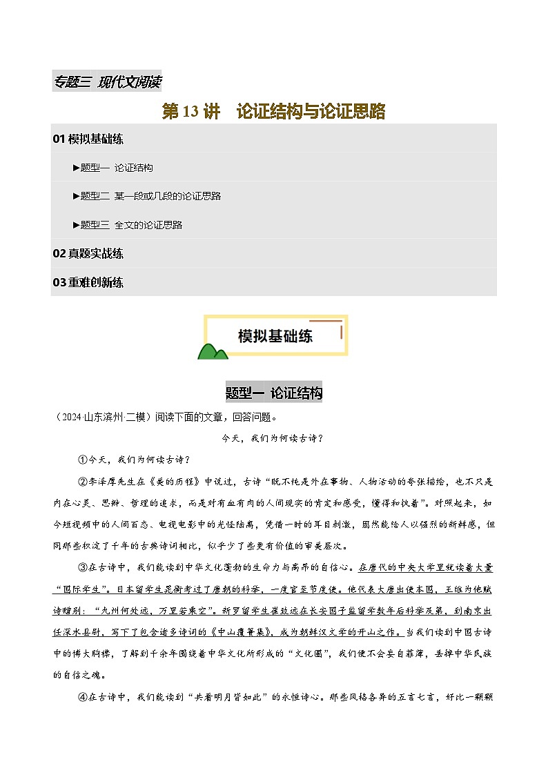 2025年中考语文一轮复习现代文阅读 第13讲 论证结构与论证思路（练习）（原卷版）第1页