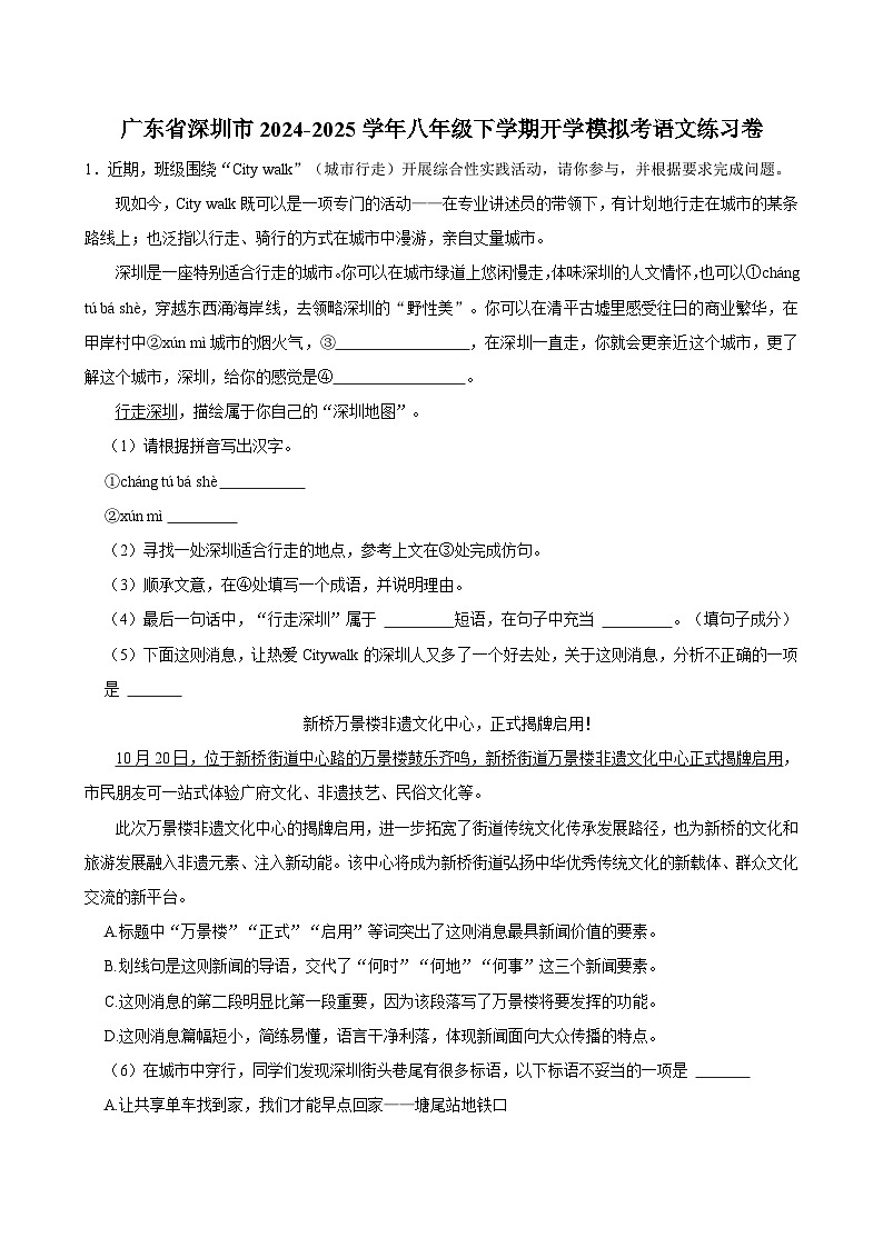 广东省深圳市2024-2025学年八年级下学期开学模拟检测 语文练习卷（含解析）第1页