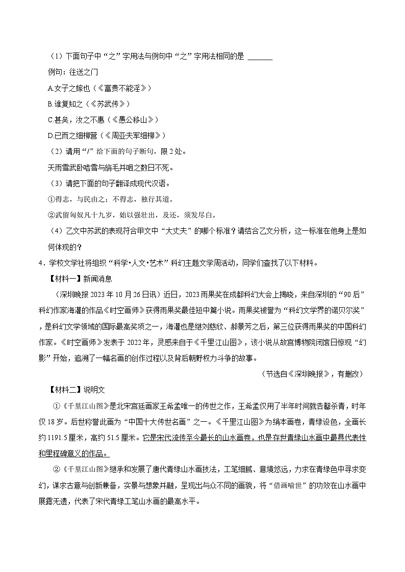 广东省深圳市2024-2025学年八年级下学期开学模拟检测 语文练习卷（含解析）第3页