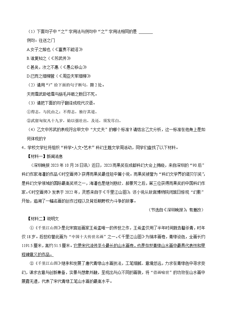 广东省深圳市名校2024-2025学年八年级下学期开学模拟检测 语文练习卷（含解析）第3页
