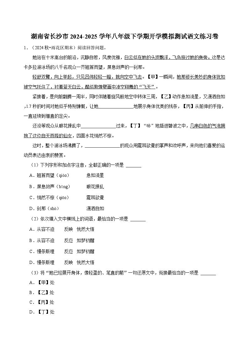 湖南省长沙市2024-2025学年八年级下学期开学模拟测试 语文练习卷（含解析）第1页