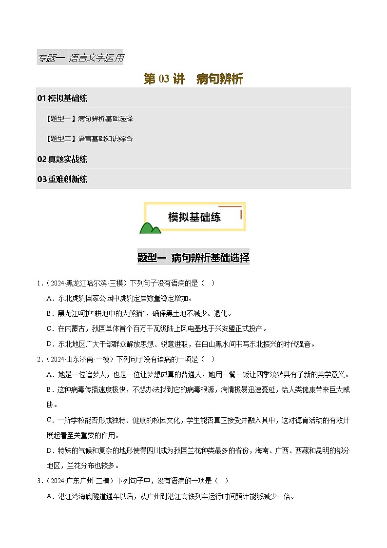 2025年中考语文一轮复习语言文字运用 第03讲 病句辨析（练习）（原卷版）第1页
