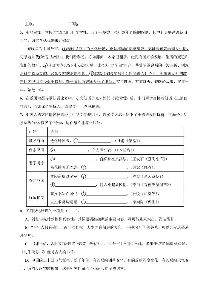 2024～2025学年辽宁省沈阳市浑南区九年级下语文开学测试试卷(含解析)第2页