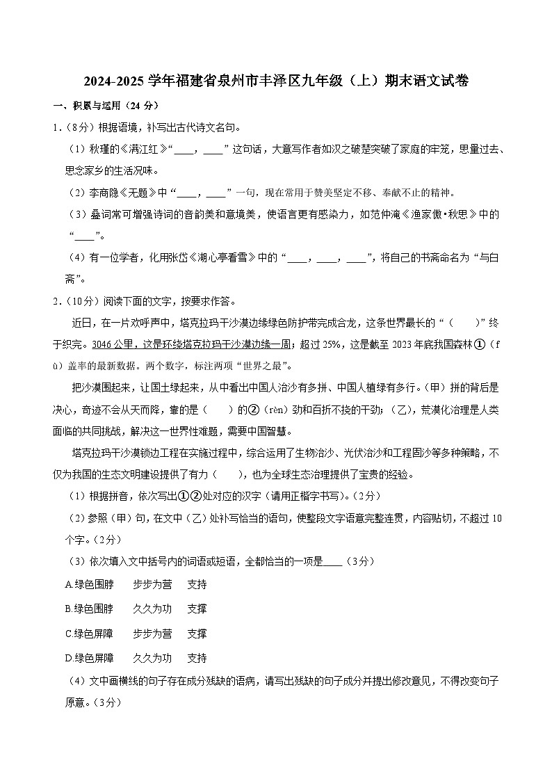 福建省泉州市丰泽区2024-2025学年九年级上学期期末考试语文试卷第1页