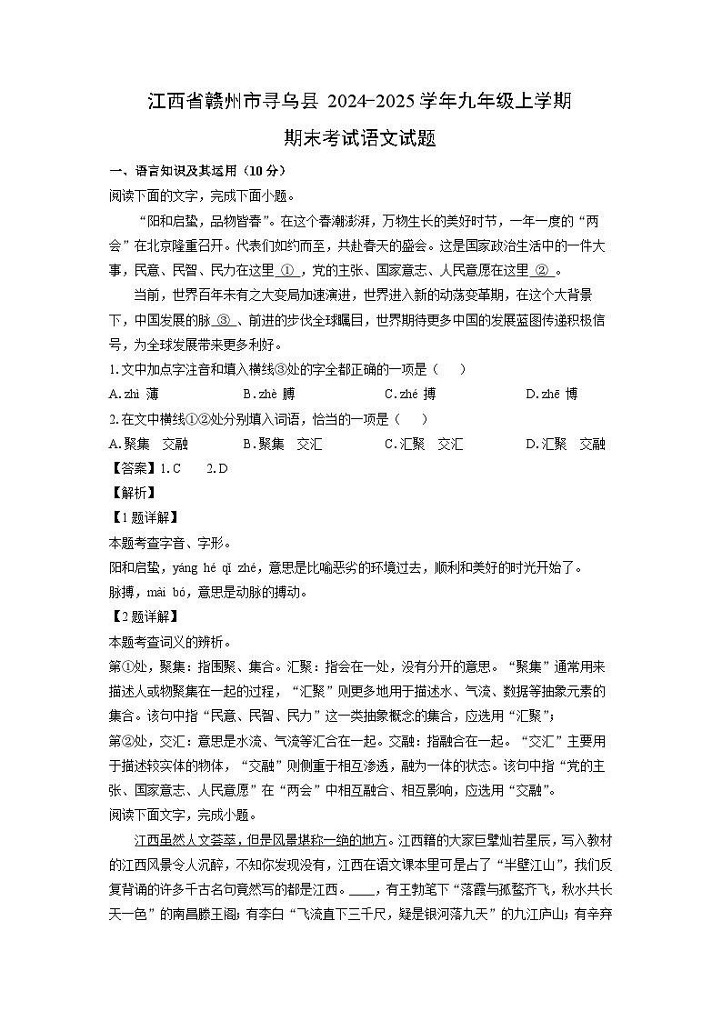 江西省赣州市寻乌县2024-2025学年九年级(上)期末考试语文试卷（解析版）第1页
