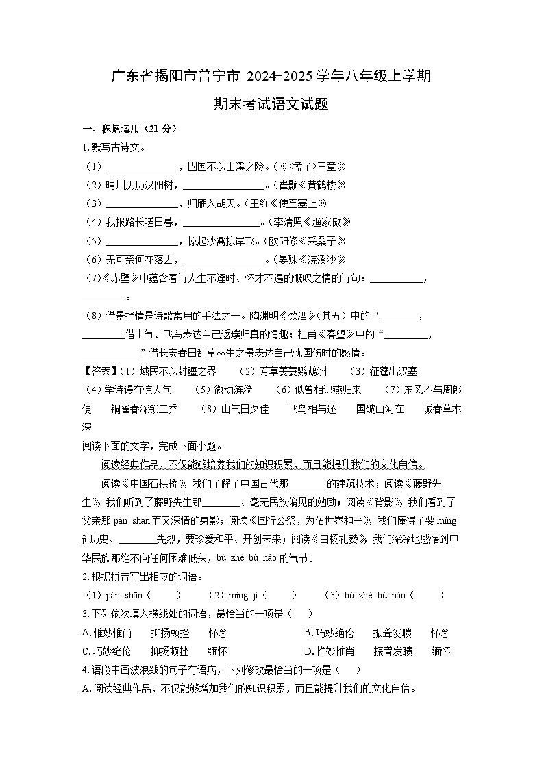 广东省揭阳市普宁市2024-2025学年八年级(上)期末考试语文试卷（解析版）第1页