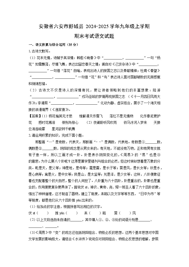 安徽省六安市舒城县2024-2025学年九年级(上)期末考试语文试卷（解析版）第1页
