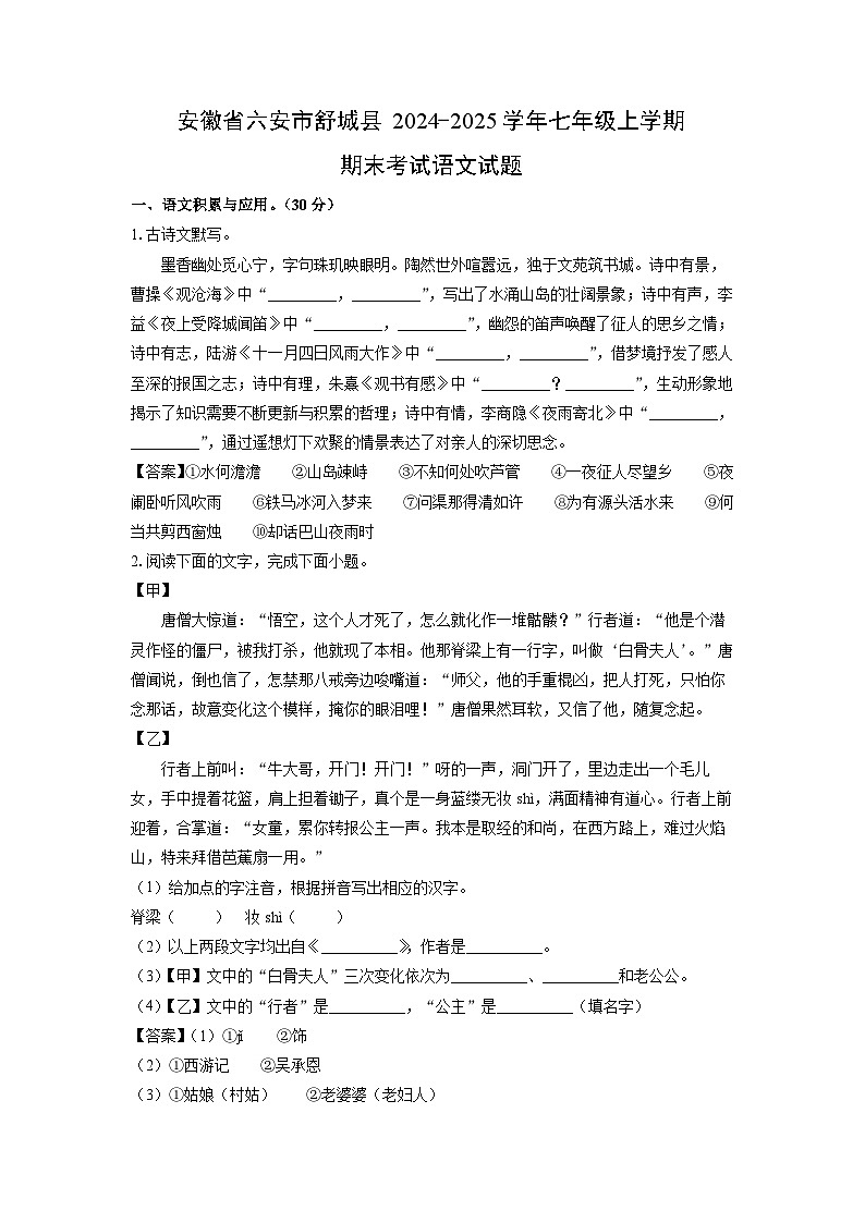 安徽省六安市舒城县2024-2025学年七年级(上)期末考试语文试卷（解析版）第1页