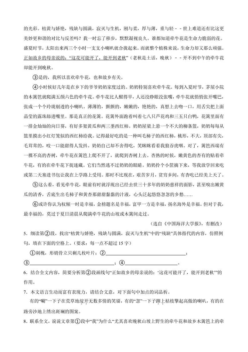 2024～2025学年浙江省金华市义乌市丹溪中学九年级下语文开学考试试卷(含解析)第3页