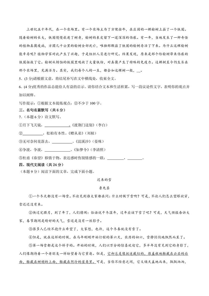 2024～2025学年四川省泸州市泸县第二中学八年级上1月期末考试语文试卷(含答案)第2页
