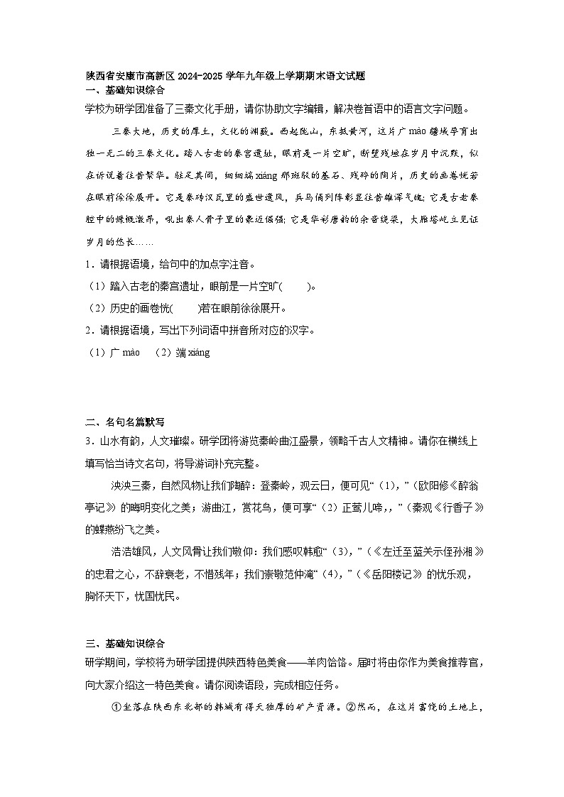 陕西省安康市高新区2024-2025学年九年级上学期期末语文试题第1页