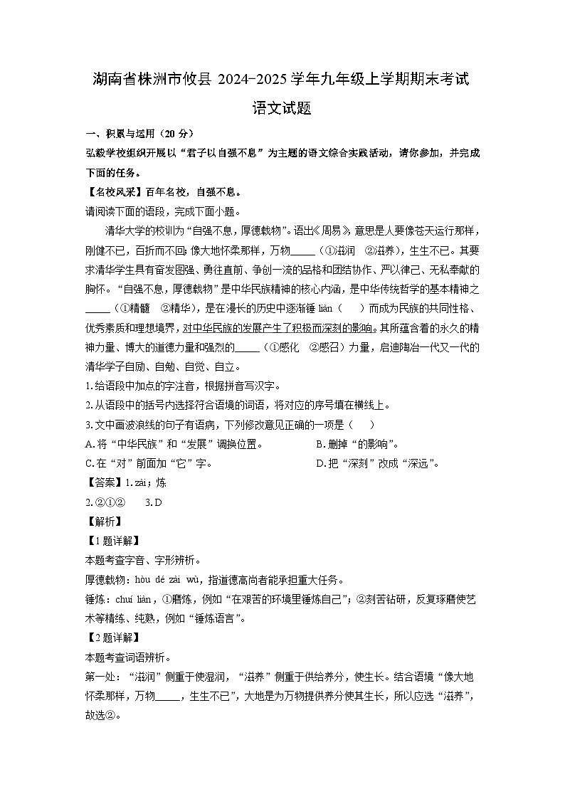 湖南省株洲市攸县2024-2025学年九年级上学期期末考试语文试卷（解析版）第1页