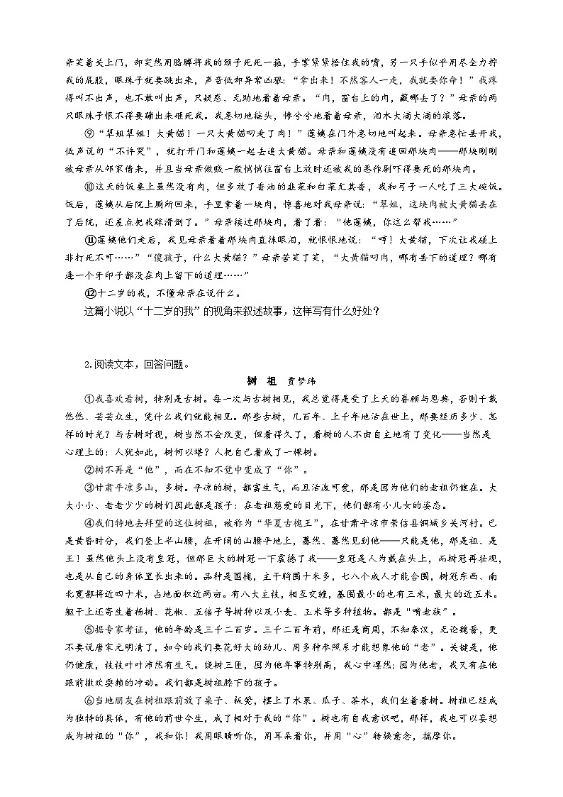 中考语文二轮专项复习 文学类文本人称作用专题复习 导学案第3页