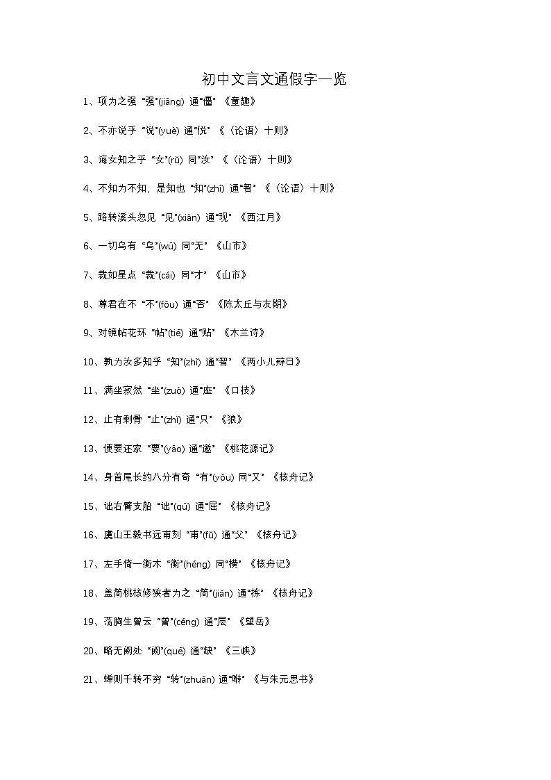 2025年初中语文中考专题复习学案：文言文通假字一览表第1页