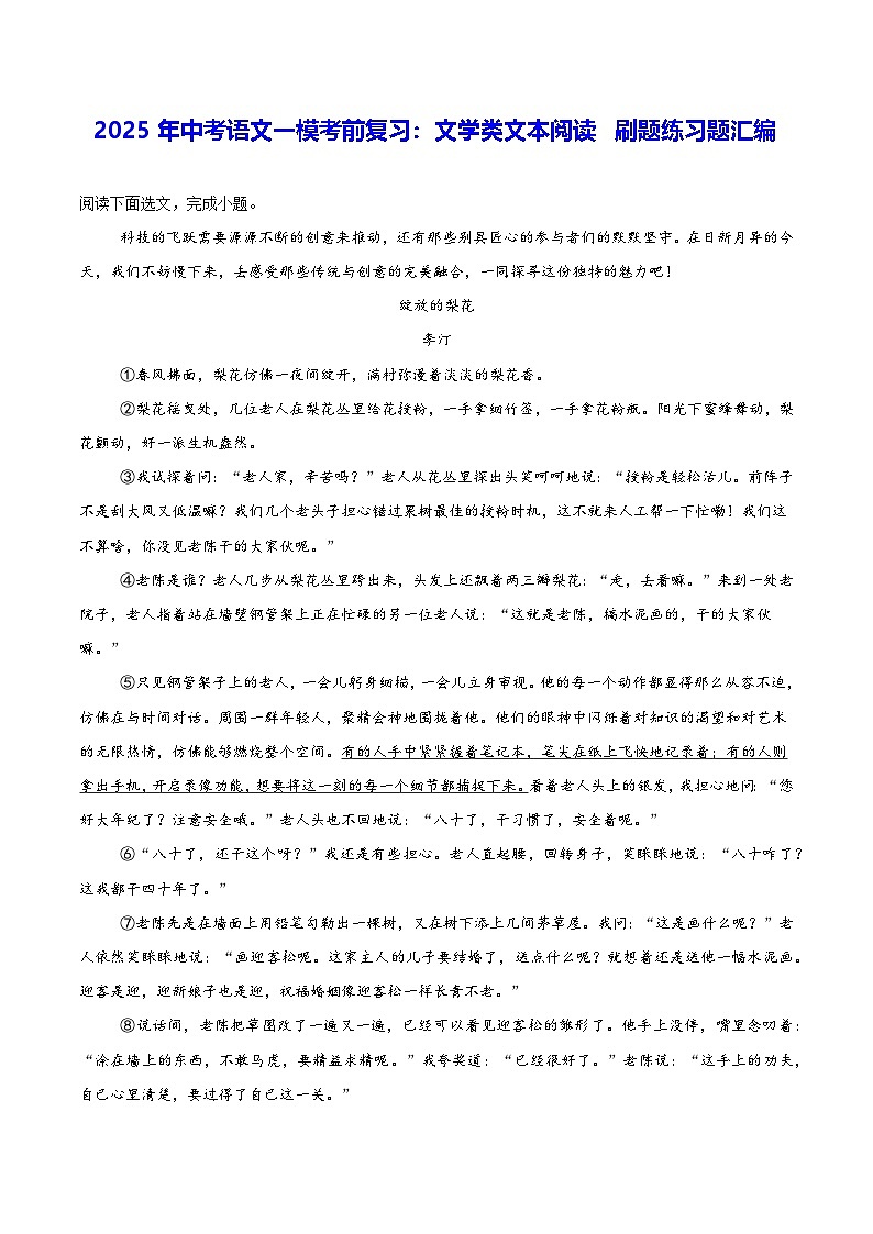 2025年中考语文一模考前复习：文学类文本阅读 刷题练习题汇编（含答案解析）第1页