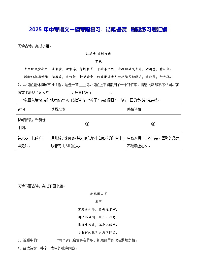 2025年中考语文一模考前复习：诗歌鉴赏 刷题练习题汇编（含答案解析）第1页