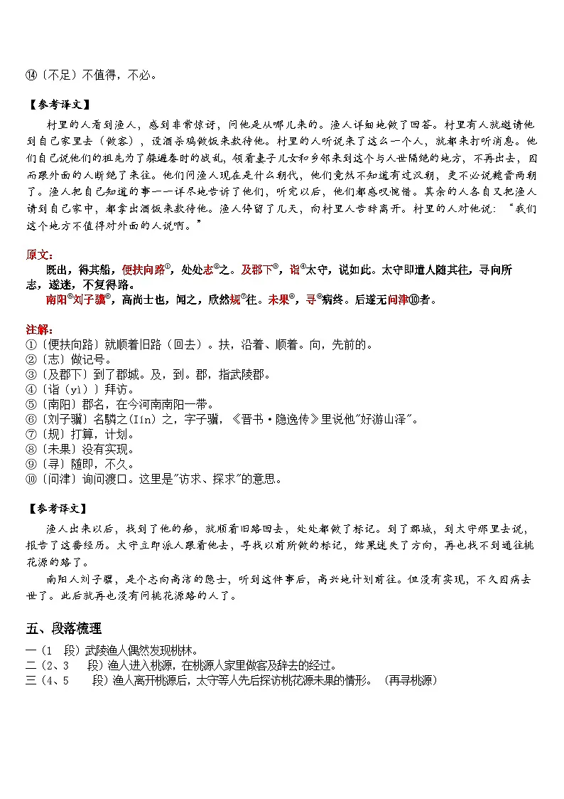中考语文 《桃花源记》 笔记+知识巩固（含答案）第3页