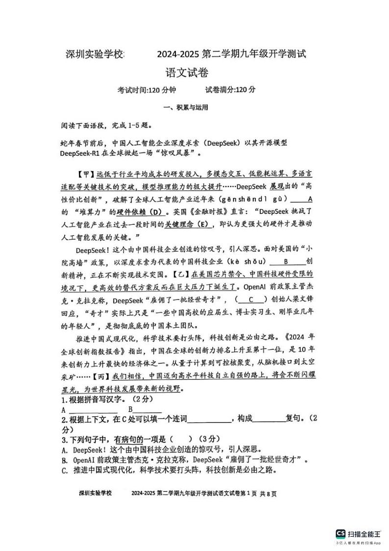 广东省深圳市深圳实验学校等校联考2024-2025学年九年级下学期开学语文试题（PDF版，含答案）第1页