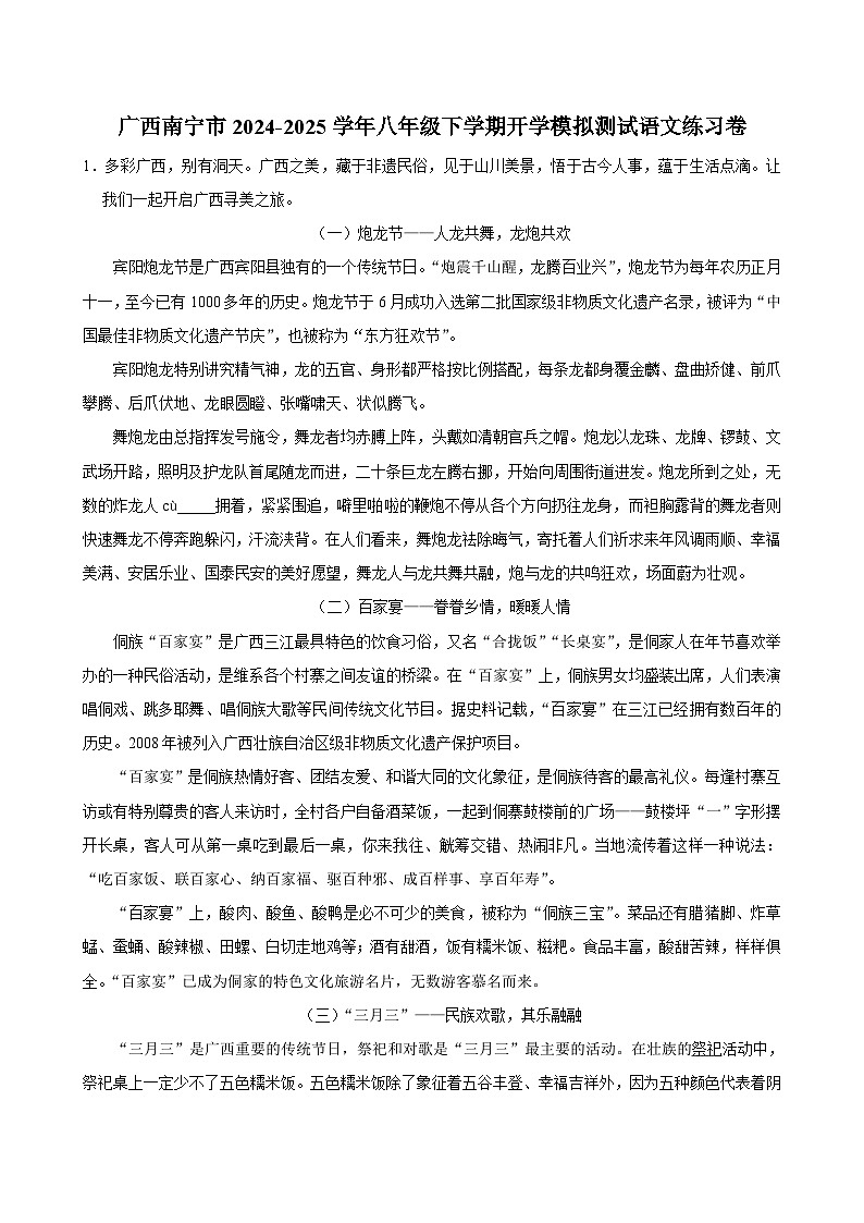 广西南宁市2024-2025学年八年级下学期开学适应性模拟测试 语文练习卷第1页