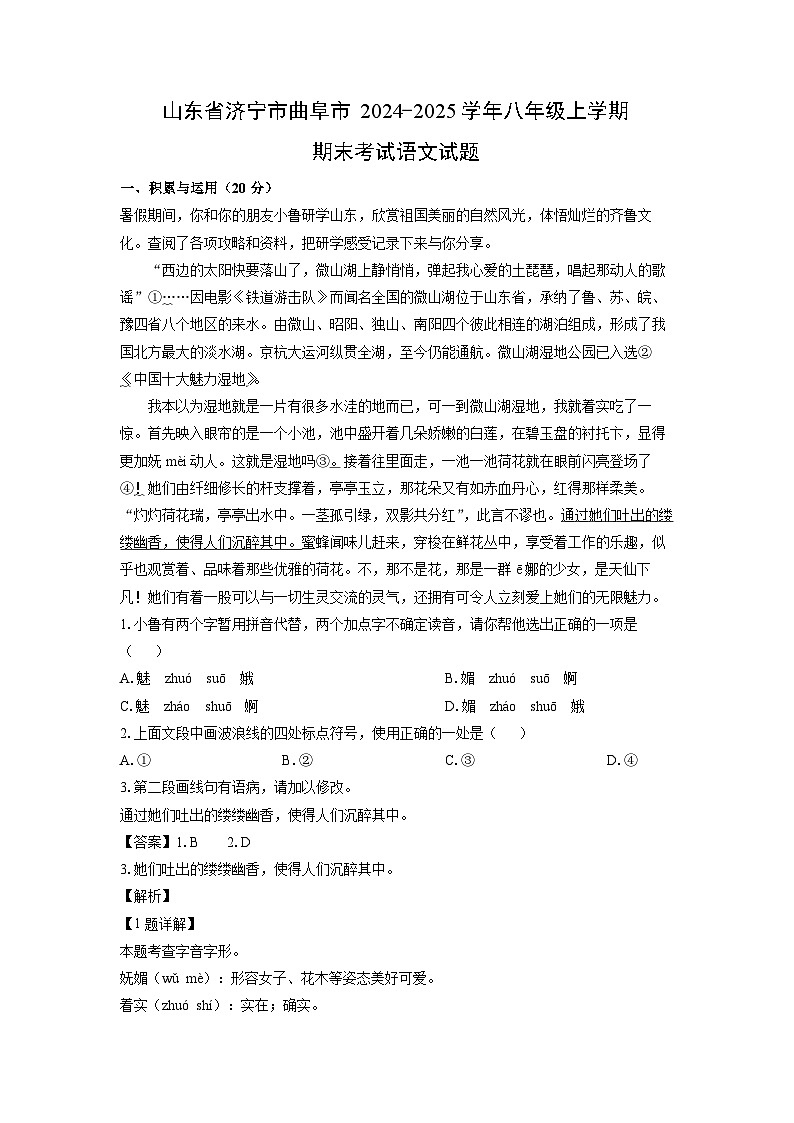 山东省济宁市曲阜市2024-2025学年八年级上学期期末语文试卷（解析版）第1页