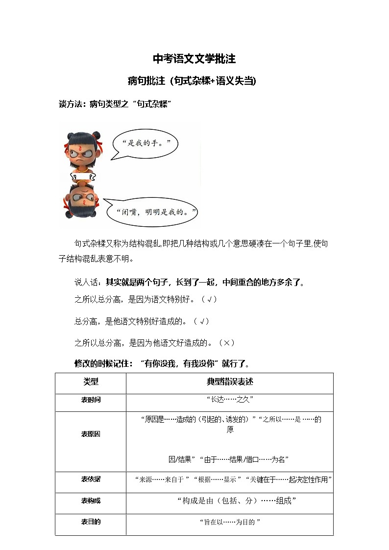 中考语文文学批注——病句句式杂糅+语义失当（含答案）学案第1页