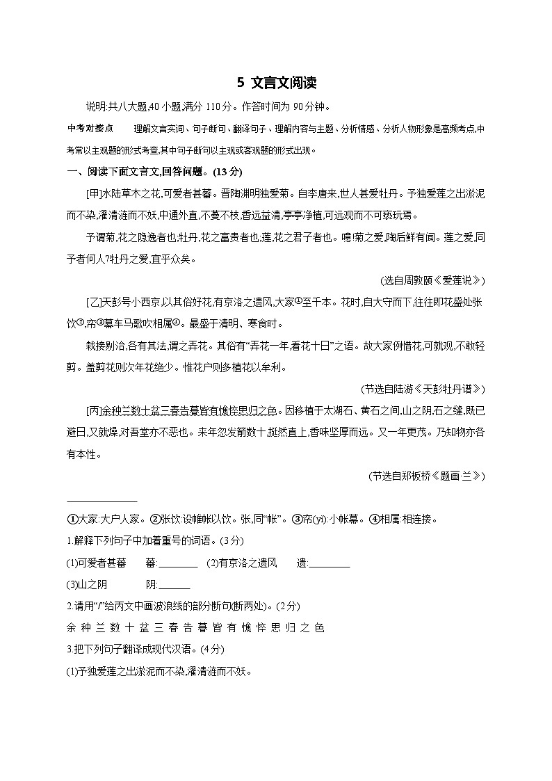 5 文言文阅读 2025年中考语文一轮复习考点专题练（含答案）第1页