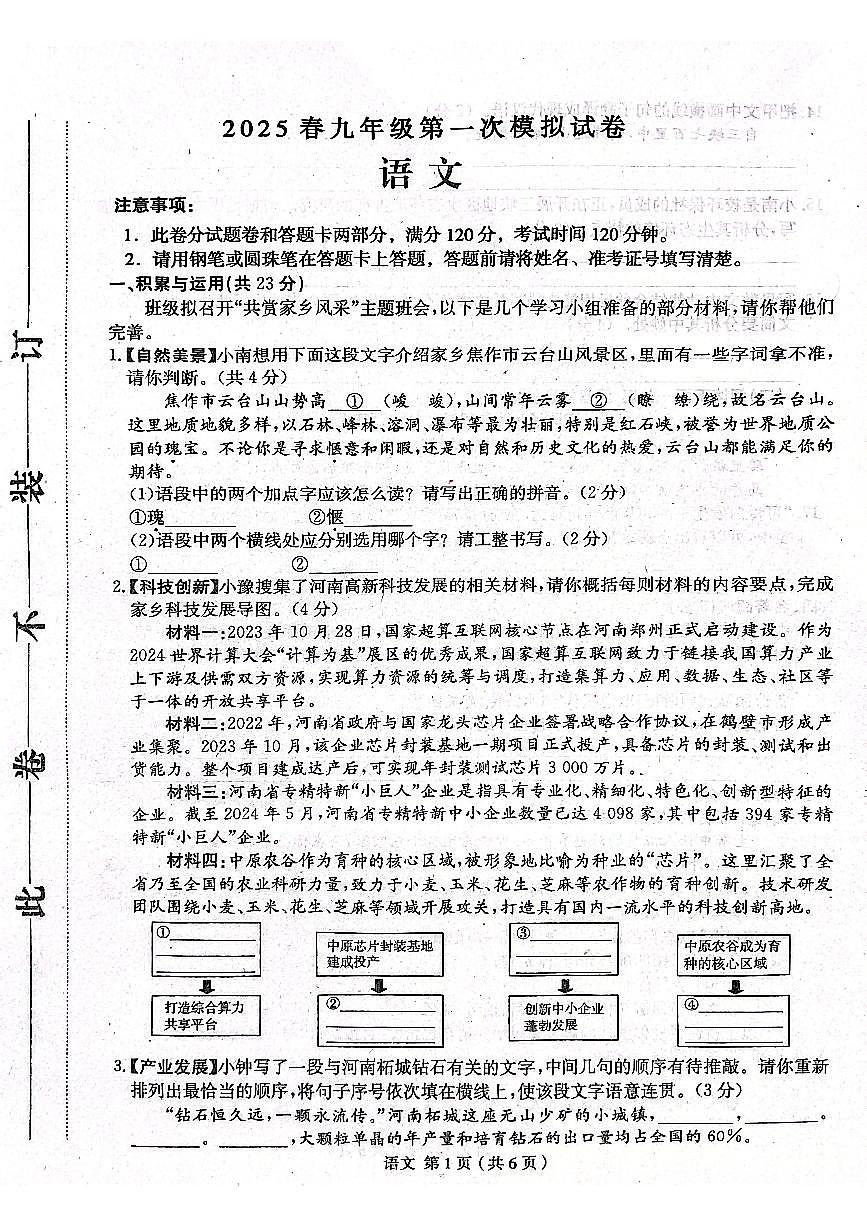 2025年河南省周口市郸城县名校联考九年级一模语文试卷第1页