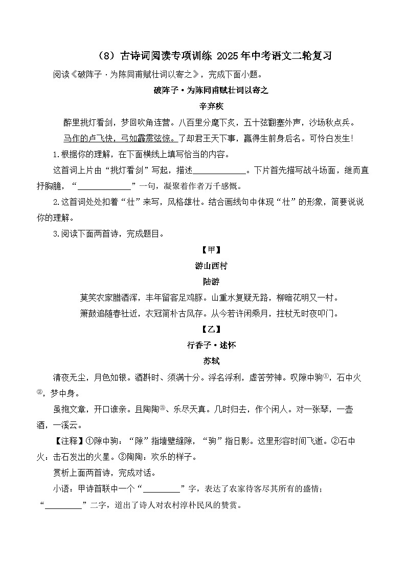 （8）古诗词阅读专项训练 2025年中考语文二轮复习（含解析）第1页