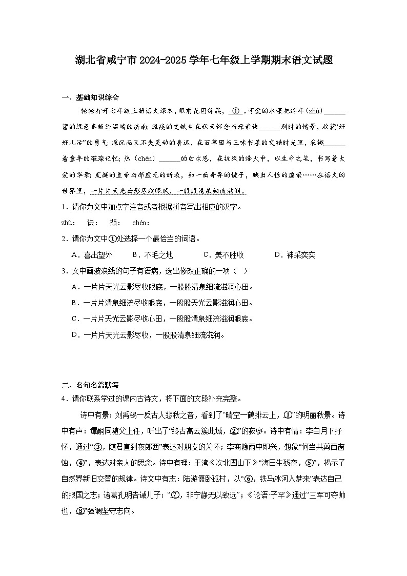 湖北省咸宁市2024-2025学年七年级上学期期末语文试题第1页