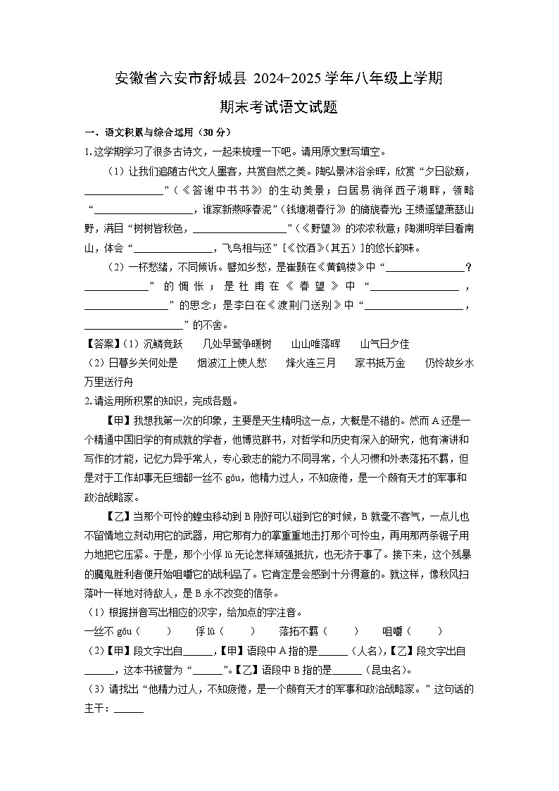 2024~2025学年安徽省六安市舒城县八年级上学期期末考试语文试卷（解析版）第1页