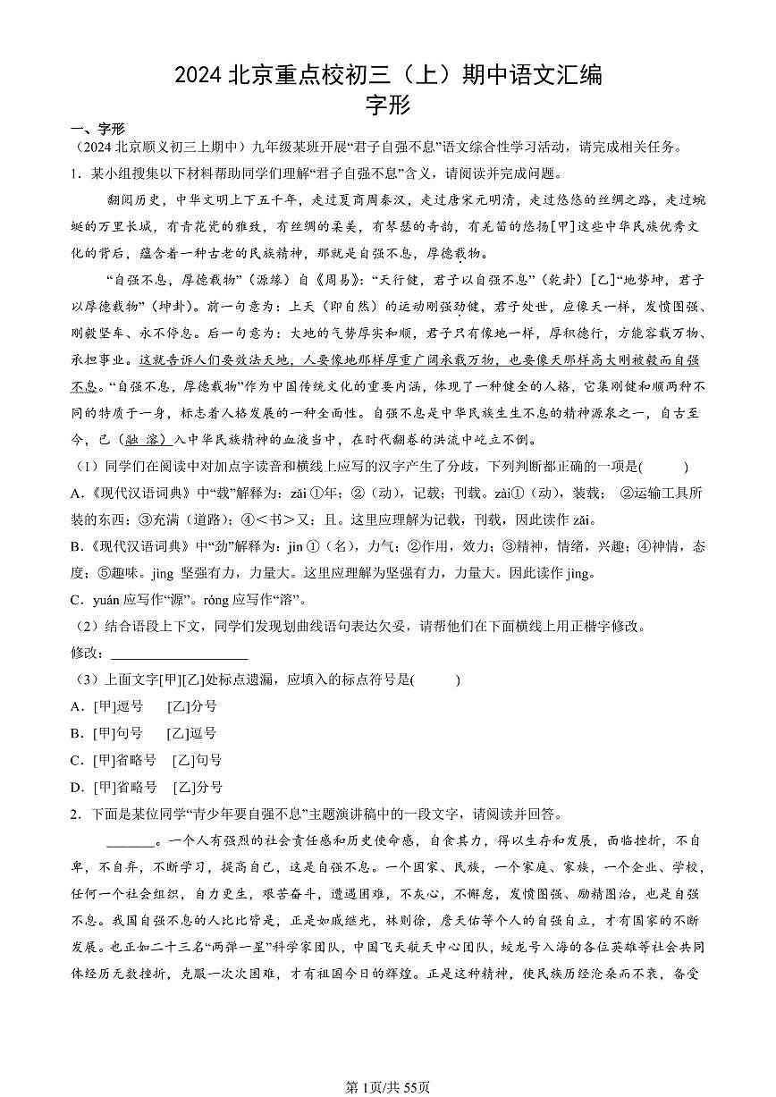 2024北京重点校初三（上）期中真题语文汇编：字形第1页