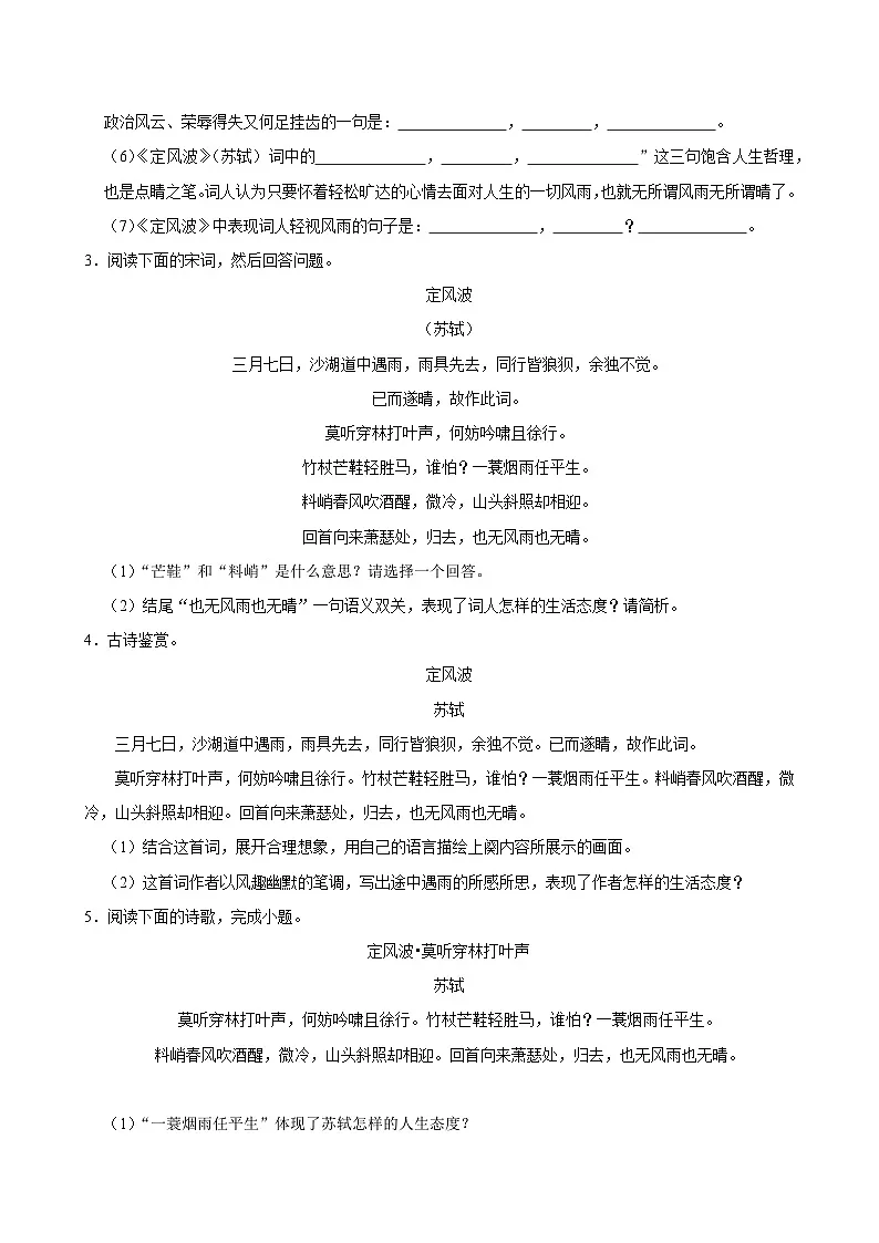 2025年中考语文备考之重点古诗文梳理：《定风波（莫听穿林打叶声）》（试题＋解析）第3页