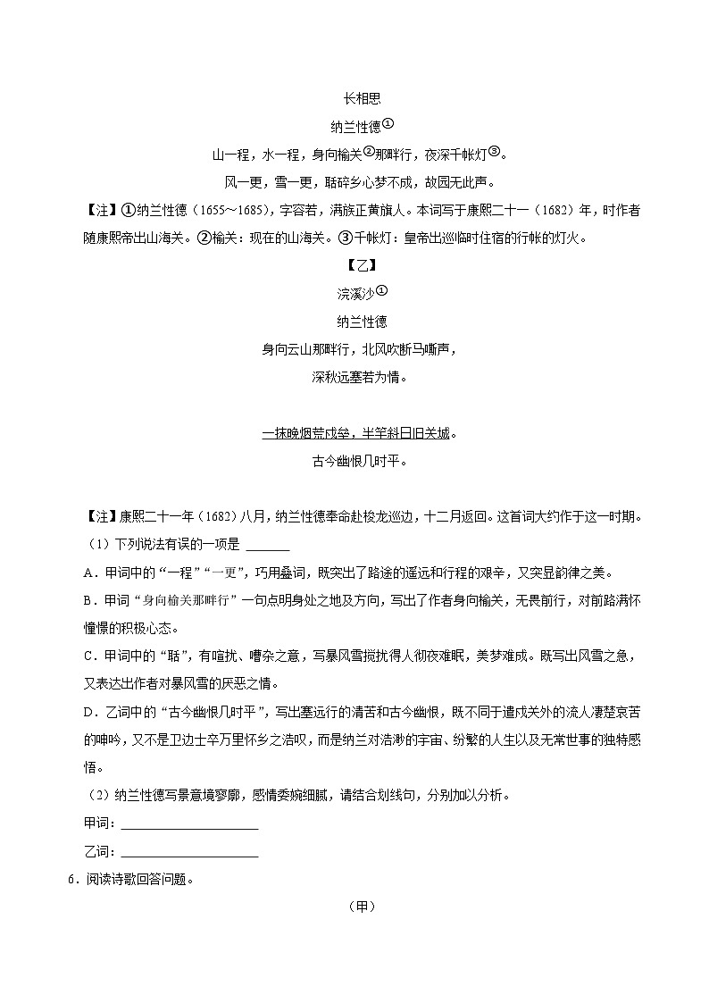 2025年中考语文备考之重点古诗文梳理：《浣溪沙（身向云山那畔行）》（试题＋解析）第3页