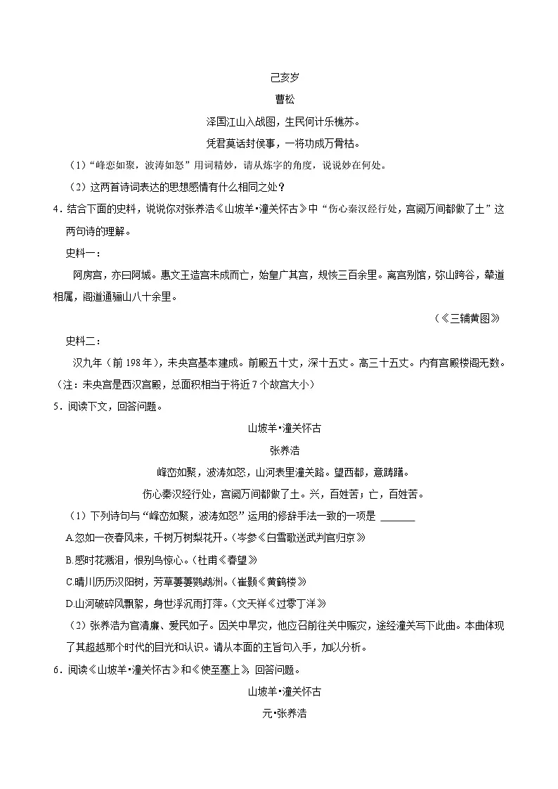 2025年中考语文备考之重点古诗文梳理：《山坡羊•潼关怀古》（试题＋解析）第3页